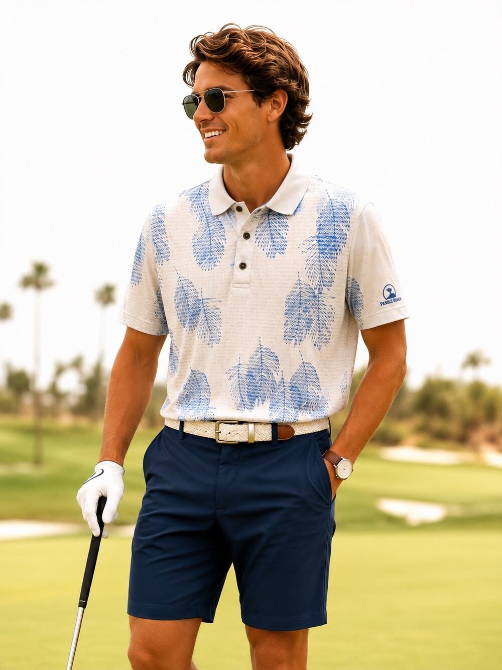 Pebble Beach Dry-Luxe Performance Golf Polo Palm Leaf Short Sleeve Shirt Small